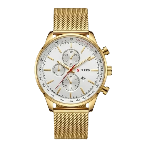 كورين ساعة رجالية – ذهبي / أبيض / سوار شبكي معدني (كرونوغراف)
