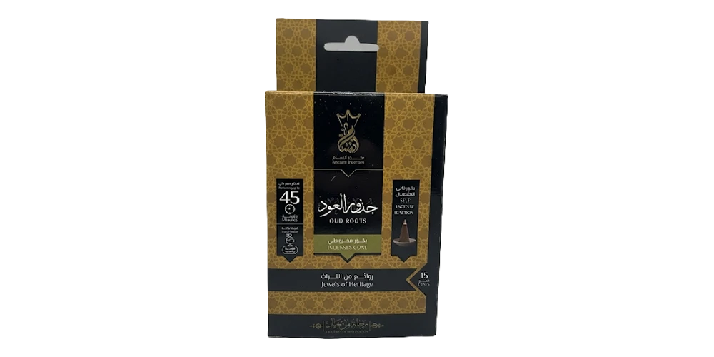 بخور مخروطي ذاتي الاشتعال جذور العود من بخور أنسام ١٥ قمع ٤٥ دقيقة مع حامل مخصص