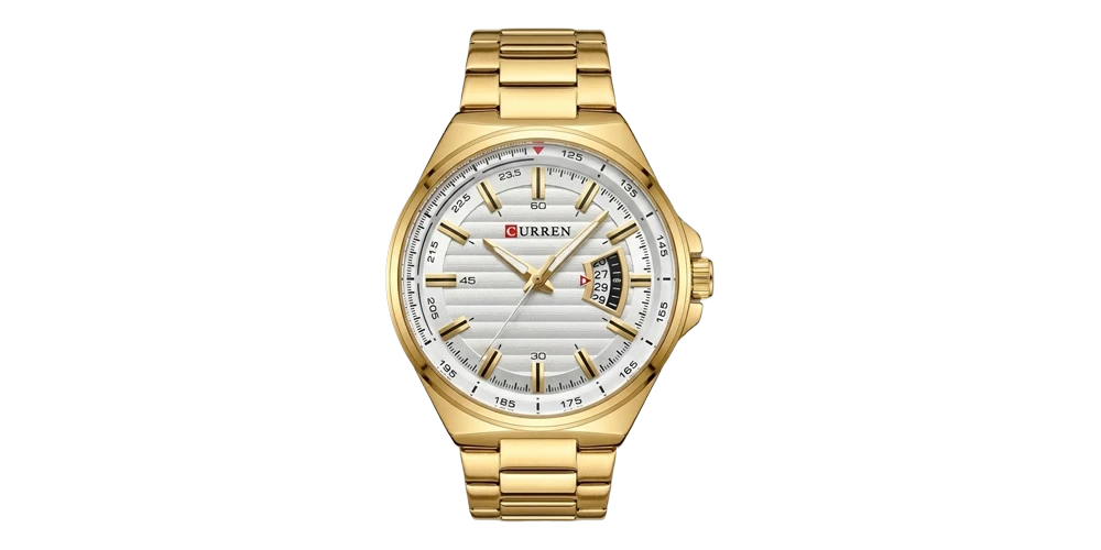 كورين ساعة رجالية – ذهبي / أبيض / سوار معدني (نافذة تاريخ)