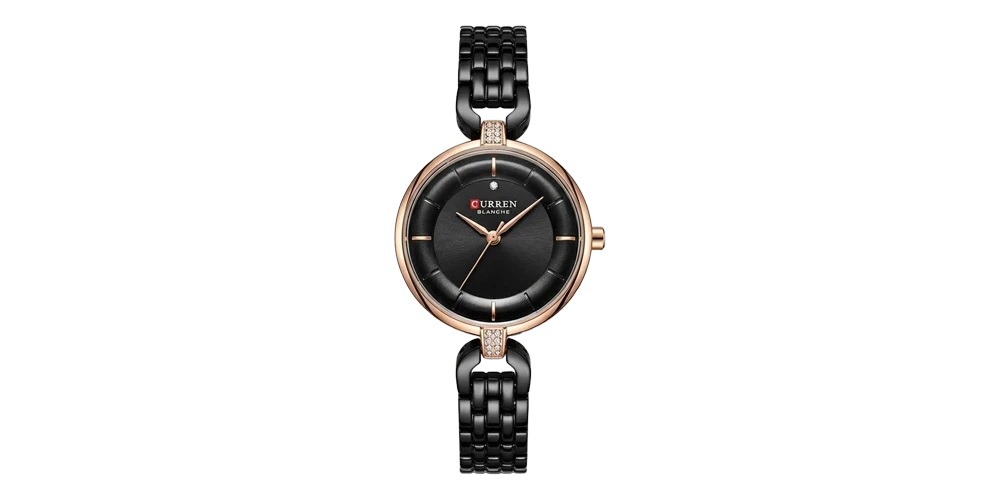 كورين ساعة نسائية – روز غولد / أسود / سوار معدني (ميني)