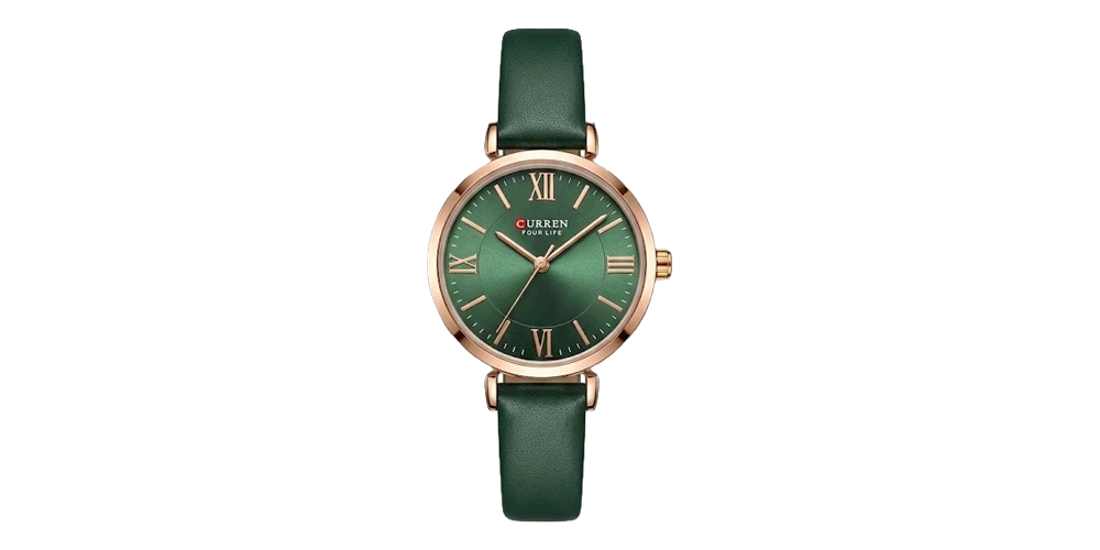 كورين ساعة نسائية – روز غولد / أخضر / سوار جلدي (أرقام رومانية)