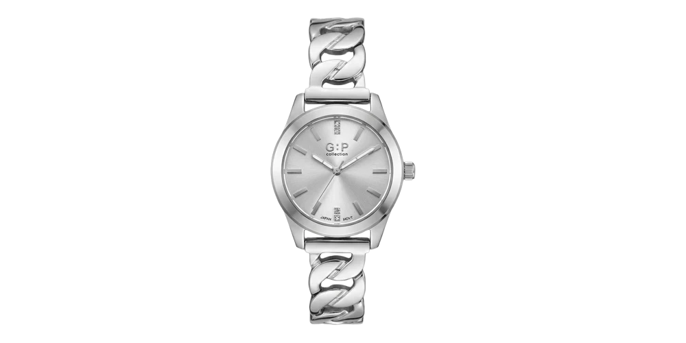 جي : بي ساعة نسائية – فضي / رمادي فاتح / سوار معدني بسلسلة (ميني)