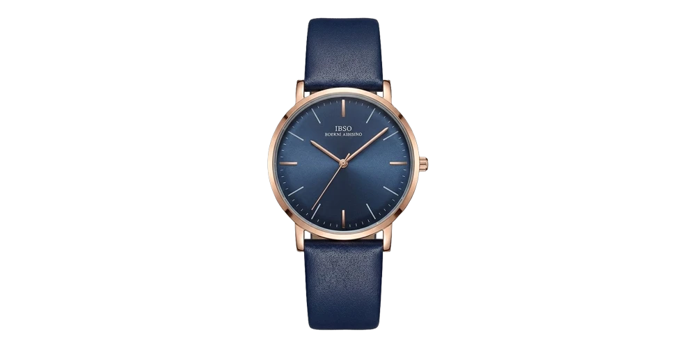 اي بي اس او ساعة – روز غولد / كحلي / سوار جلد (قرص بسيط)