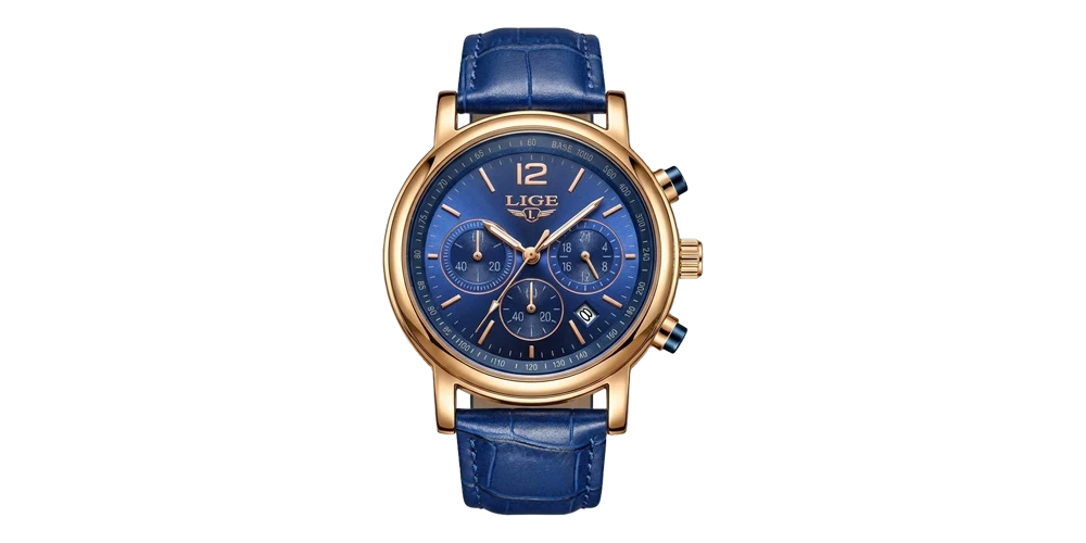 ليج ساعة رجالية – روز غولد / أزرق / سوار جلد (قرص كرونوغراف)